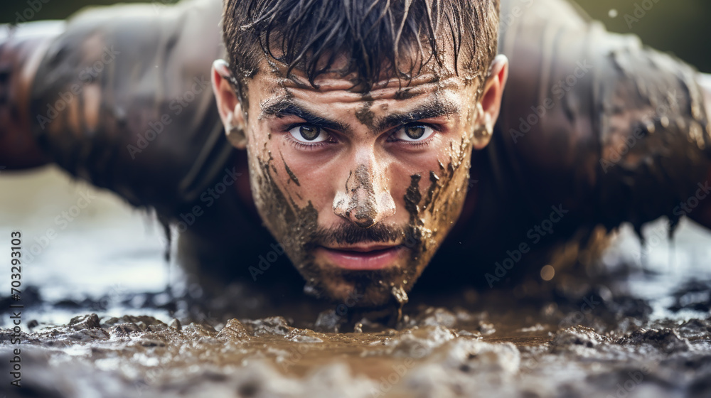 Closeup of strong athletic man crawling in wet muddy puddle in the rain in an extreme competitive sport - obrazy, fototapety, plakaty 