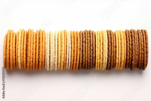 Isolated white background highlights a lineup of perfectly round crackers