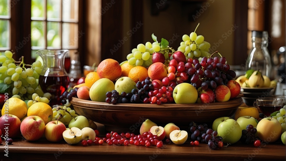 fresh fruits and apples, grapes, oranges, on a basket on the table fresh fruits and apples, grapes, oranges, on a basket on the table