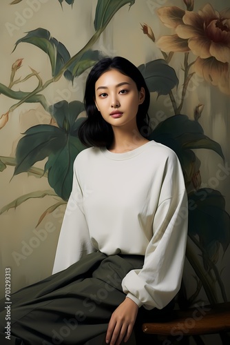 An enchanting image featuring a Korean woman in subtle makeup, donning a comfortable yet chic outfit, set against a harmonious studio background.