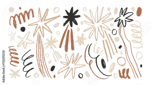 Boho colored hand drawn charcoal stars with tails and comets. Magic and cosmic vector elements.