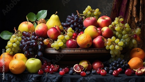 fresh fruits and vegetables and apples, grapes, oranges, on a basket on the table