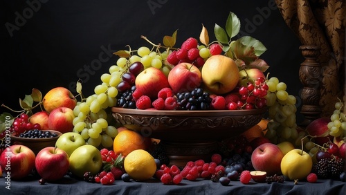 fresh fruits and vegetables and apples  grapes  oranges  on a basket on the table