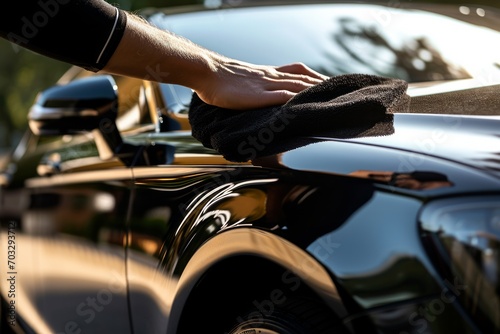 Person's hand polishing the exterior of a black car with a microfiber cloth © ParinApril