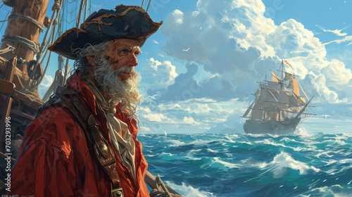 Старый пират в красном плаще на фоне моря и приближающегося корабля, идеально подходит для иллюстрации морских рассказов и книжных обложек