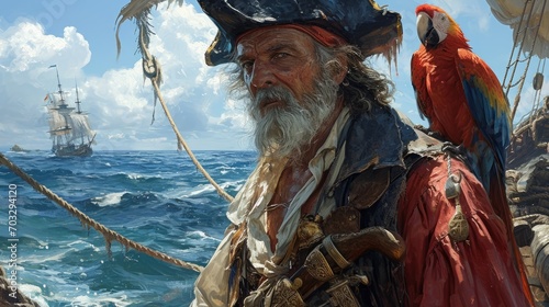 An ancient pirate captain with a bushy beard and a decorated hat, on whose shoulder sits a motley macaw, stands on the deck of a ship