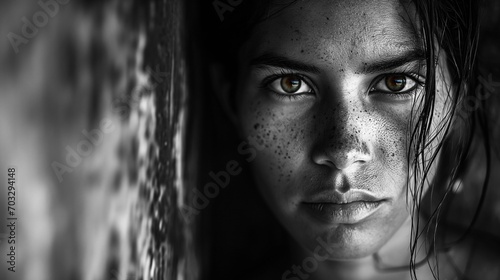 AI generated illustration of a black and white portrait of a young girl with an intense gaze