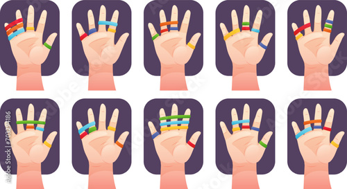 Educational cards for children. Neurohymnastics for hands and fingers, playing with elastic bands, do it by example. Vector educational illustration of exercises for the development of fine motor skil