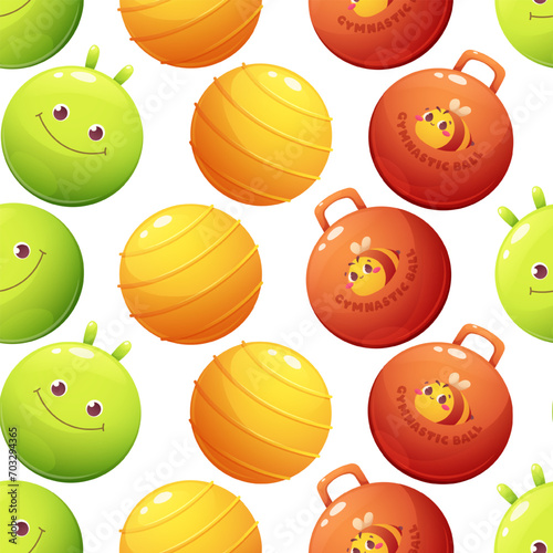 Seamless pattern on white background with funny children's gym balls, fitballs. Cartoon vector illustration