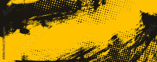 Retro vintage background with halftone overlay and grunge frame. Yellow and black banner with grunge smears. photo