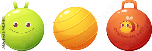Set of funny children's fitballs, gym balls. Ball with antennae and smile, with holder, ribbed ball. Cartoon vector illustration