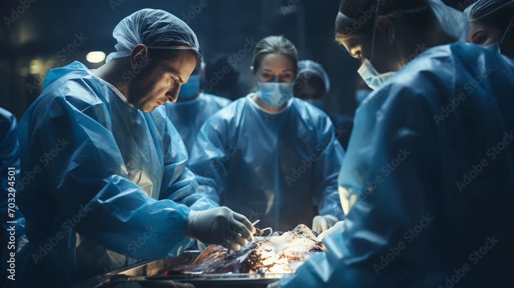 doctor and nurse medical team are performing surgical operation at emergency room in hospital. assistant hands out scissor and instruments to surgeons during operation. doctor and nurse medical team are performing surgical operation at emergency room in hospital. assistant hands out scissor and instruments to surgeons during operation.