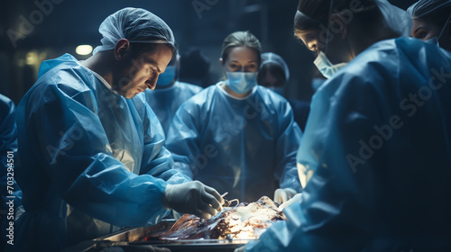 doctor and nurse medical team are performing surgical operation at emergency room in hospital. assistant hands out scissor and instruments to surgeons during operation. photo