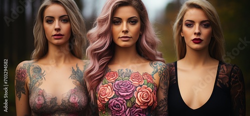 Three women with varied body art: The left one with floral tattoos, the central one with bright roses on the chest and the right one with classic makeup, against a background of nature.