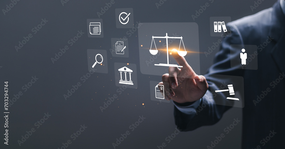 Businessman touching law icons on virtual screen for business legal advice, Labor law, Lawyer, Attorney at law, Legal advice business concept. - obrazy, fototapety, plakaty 