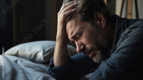 man suffering from headache desperate and stressed because pain and migraine. Hands on head.