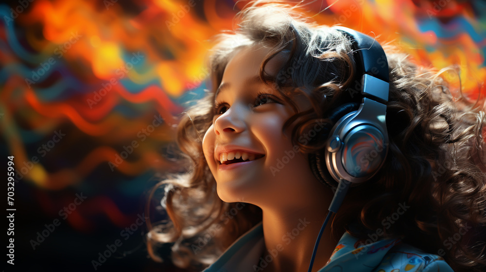 Fototapeta premium Cute little girl listening to music in headphones on bright background.