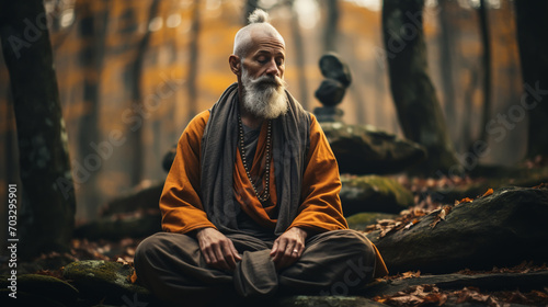 Full length of man meditating while sitting on rock