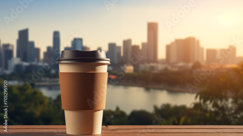 paper coffee cup and city skyline at sunset