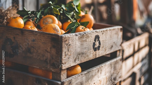 Fresh ripe oranges with a green recycle symbol on a wooden box, representing an organic food concept and the importance of eating sustainable groceries sourced from local farmers markets.