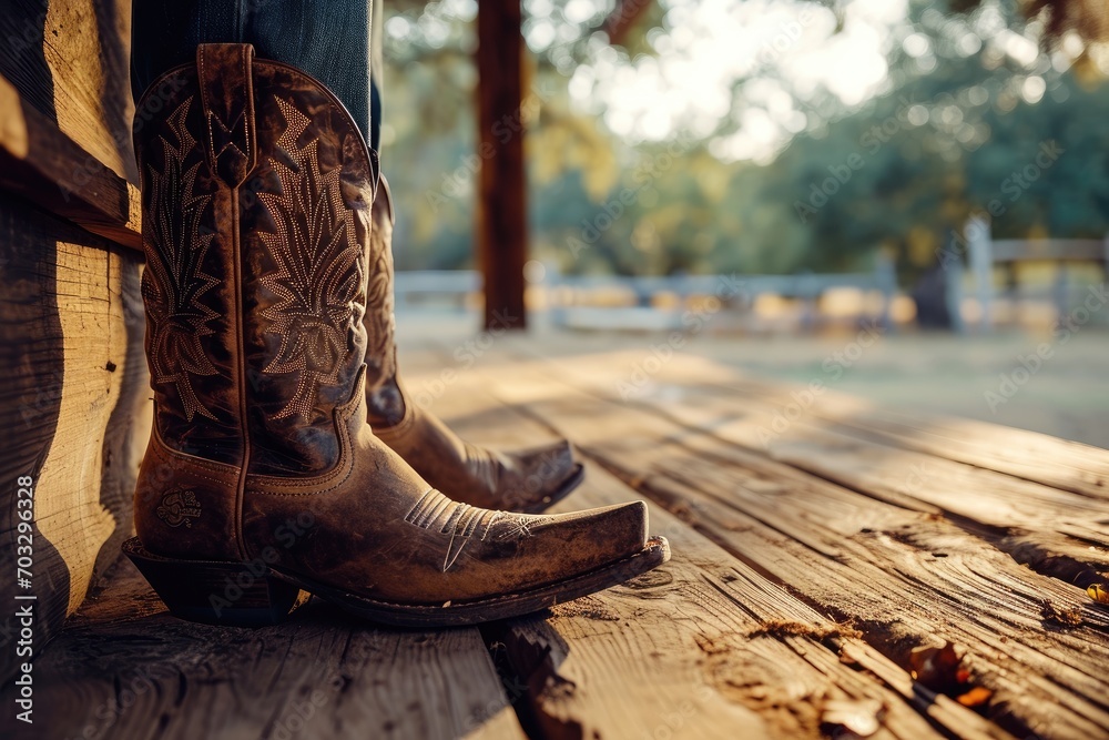 Patterned embroidered shoes against a rustic wild west landscape. Close-up of a man in worn cowboy boots standing on a wooden floor overlooking a ranch. - obrazy, fototapety, plakaty 