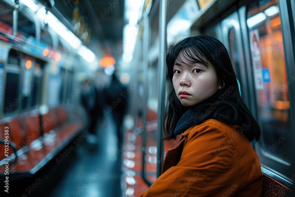 Asian woman with a serious face sits on a deserted metro train. Tired young female riding in a subway at late hours.
