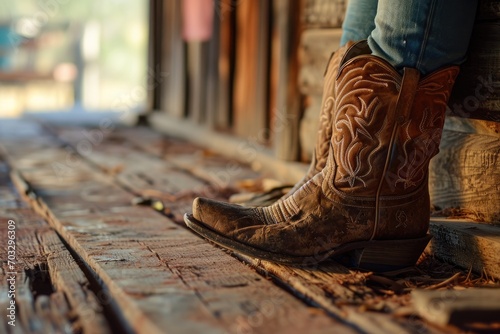 Patterned embroidered shoes against a rustic wild west landscape. Close-up of a man in worn cowboy boots standing on a wooden floor overlooking a ranch. photo
