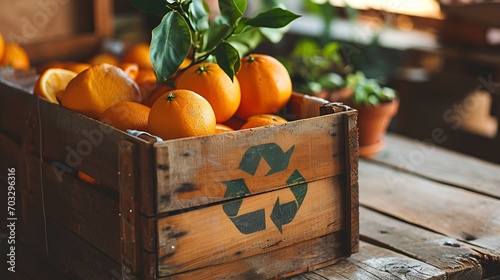 Fresh ripe oranges with a green recycle symbol on a wooden box, representing an organic food concept and the importance of eating sustainable groceries sourced from local farmers markets.