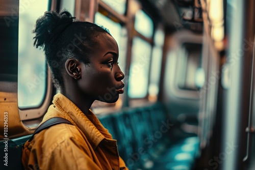 African woman with a serious face sits on a deserted metro train. Tired young female riding in a subway at late hours. © photolas