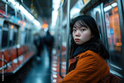 Asian woman with a serious face sits on a deserted metro train. Tired young female riding in a subway at late hours.