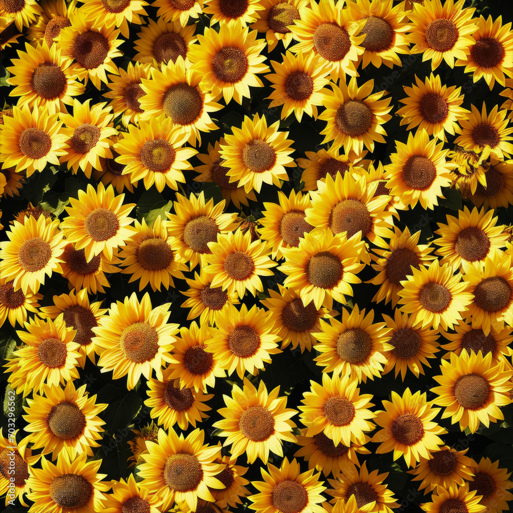 A dense cluster of bright sunflowers set in full bloom creates a lively black backdrop pattern A dense cluster of bright sunflowers set in full bloom creates a lively black backdrop pattern