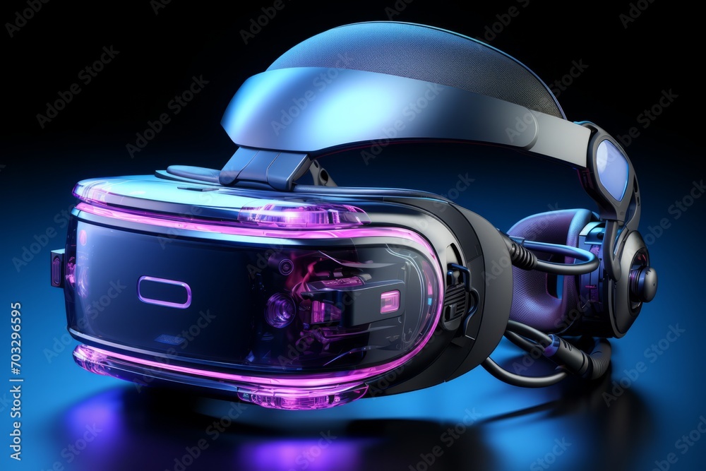 Gaming Console with Immersive Headset and Motion Controllers, on an isolated Virtual Reality Blue background, Generative AI Gaming Console with Immersive Headset and Motion Controllers, on an isolated Virtual Reality Blue background, Generative AI