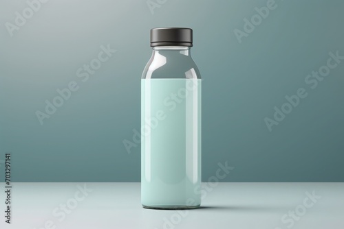 A glass bottle mockup with a light blue liquid, capped with a black lid photo