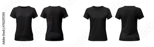 realistic set of female black t-shirts mockup front and back view isolated on a transparent background, cut out