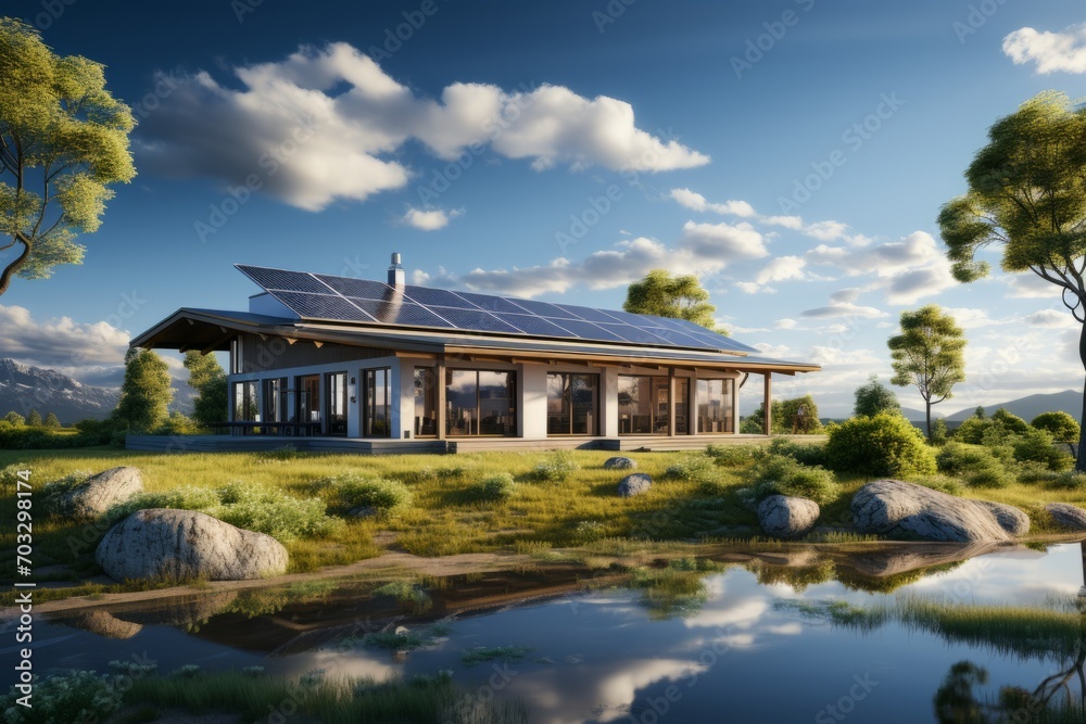 Obraz premium Hybrid Renewable Energy Station with Wind Turbines and Solar Panels, on an isolated Renewable Green background, Generative AI