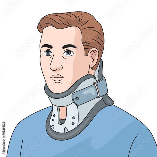 Man with cervical collar diagram hand drawn schematic vector illustration. Medical science educational illustration