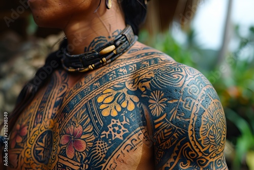 Close-up of a tattooed woman with designs inspired by traditional art, wearing chunky jewelry around her neck