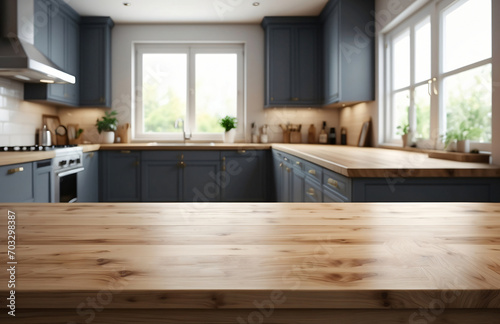 Empty wooden table with a blurred kitchen background and copy space