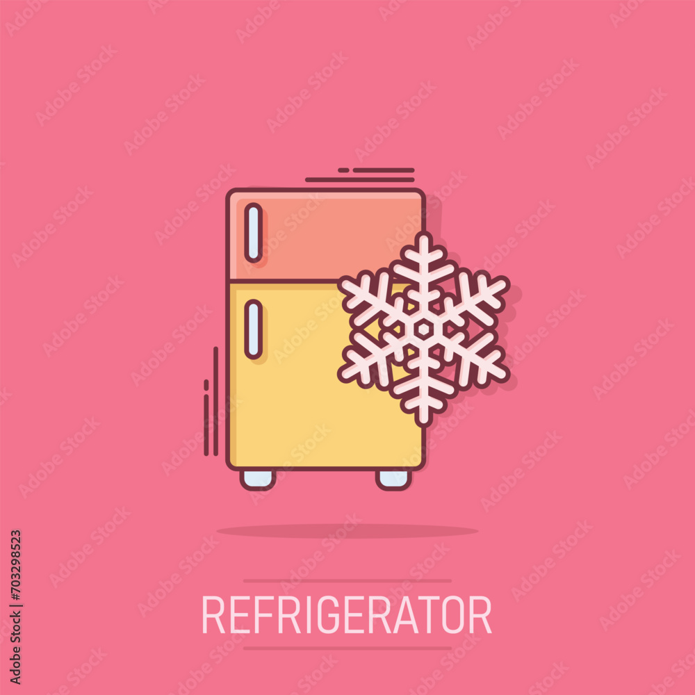 Fridge refrigerator icon in comic style. Freezer container vector cartoon illustration pictogram. Fridge business concept splash effect. Fridge refrigerator icon in comic style. Freezer container vector cartoon illustration pictogram. Fridge business concept splash effect.