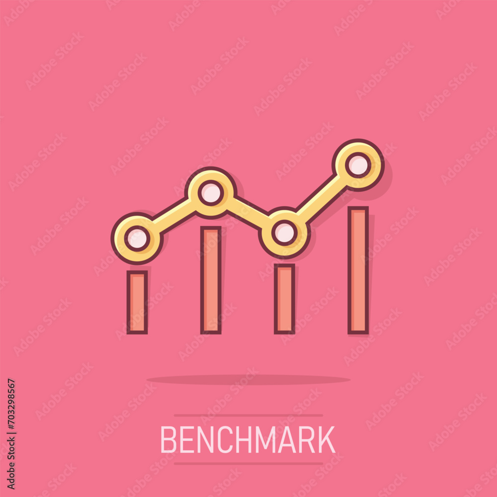 Benchmark measure icon in comic style. Dashboard rating vector cartoon illustration on white isolated background. Progress service business concept splash effect. Benchmark measure icon in comic style. Dashboard rating vector cartoon illustration on white isolated background. Progress service business concept splash effect.