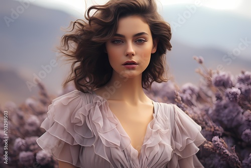 An enchanting scene capturing the elegance of a youthful model exuding confidence in luxury skincare and makeup against a serene background of pale, misty lavender.