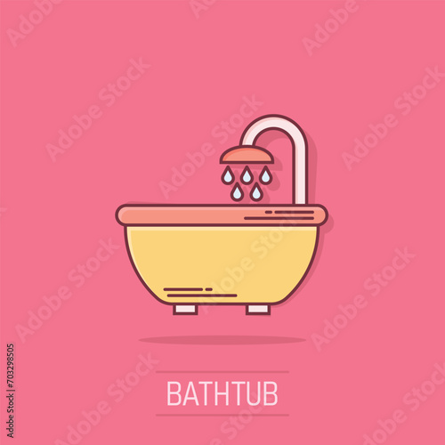 Bath shower icon in comic style. Bathroom hygiene vector cartoon illustration pictogram. Bath spa business concept splash effect.