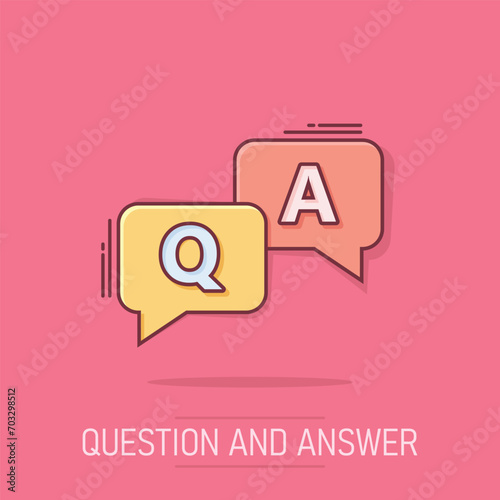 Question and answer icon in comic style. Discussion speech bubble vector cartoon illustration pictogram. Question, answer business concept splash effect.
