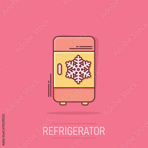 Fridge refrigerator icon in comic style. Freezer container vector cartoon illustration pictogram. Fridge business concept splash effect.