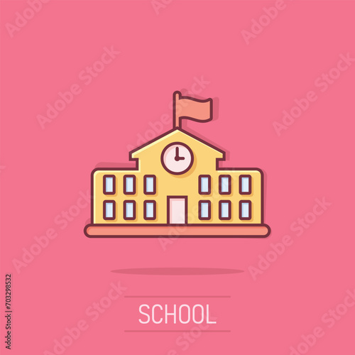 School building icon in comic style. College education vector cartoon illustration pictogram. Bank, government business concept splash effect.