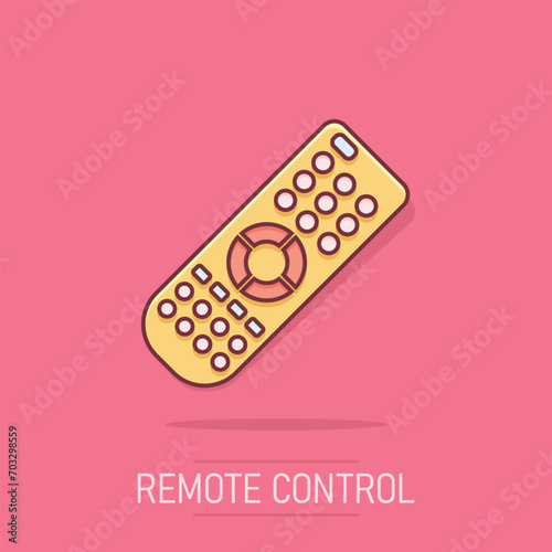 Remote control icon in comic style. Infrared controller vector cartoon illustration on white isolated background. Tv keypad business concept splash effect.