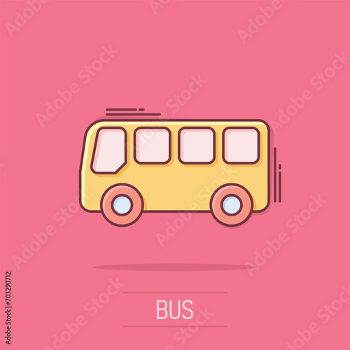School bus icon in comic style. Autobus vector cartoon illustration on white isolated background. Coach transport business concept splash effect.