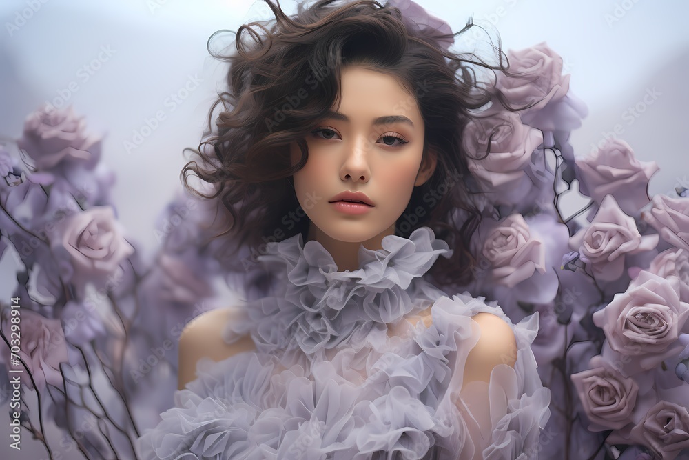 An enchanting scene capturing the elegance of a youthful model exuding confidence in luxury skincare and makeup against a serene background of pale, misty lavender. An enchanting scene capturing the elegance of a youthful model exuding confidence in luxury skincare and makeup against a serene background of pale, misty lavender.