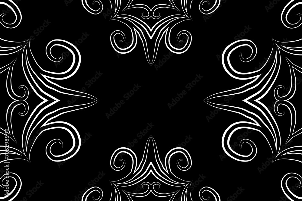 Fototapeta premium Beautiful black and white frame gradient flowers line art pattern of indonesian culture traditional tenun batik ethnic dayak ornament