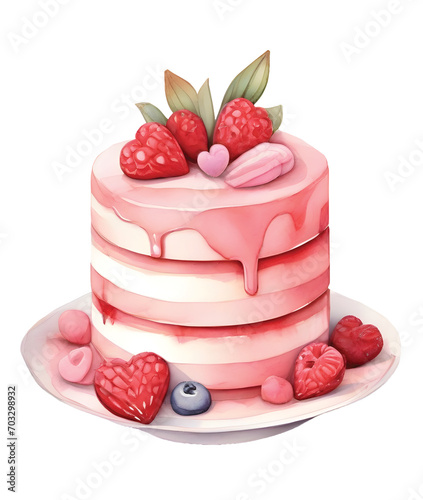 cake on a plate, valentines dessert, cake with isolated background, Illustration of a watercolor cake, romantic desserts and sweet , valentines day, heart shaped cake